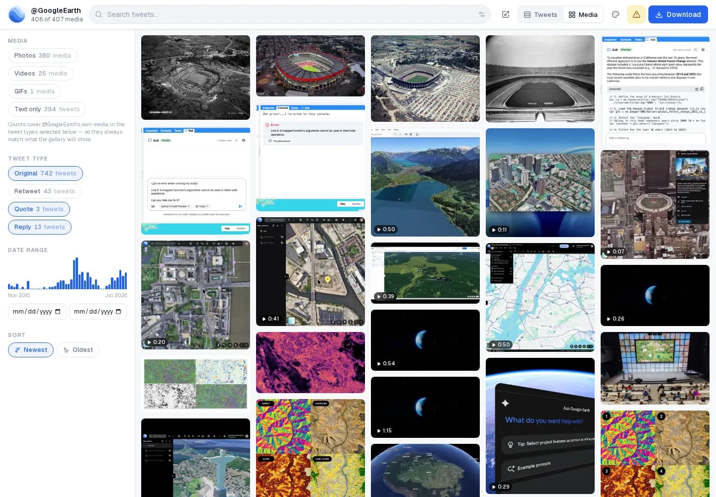 Vista de galería de tweets, fotos y videos recuperados para @GoogleEarth