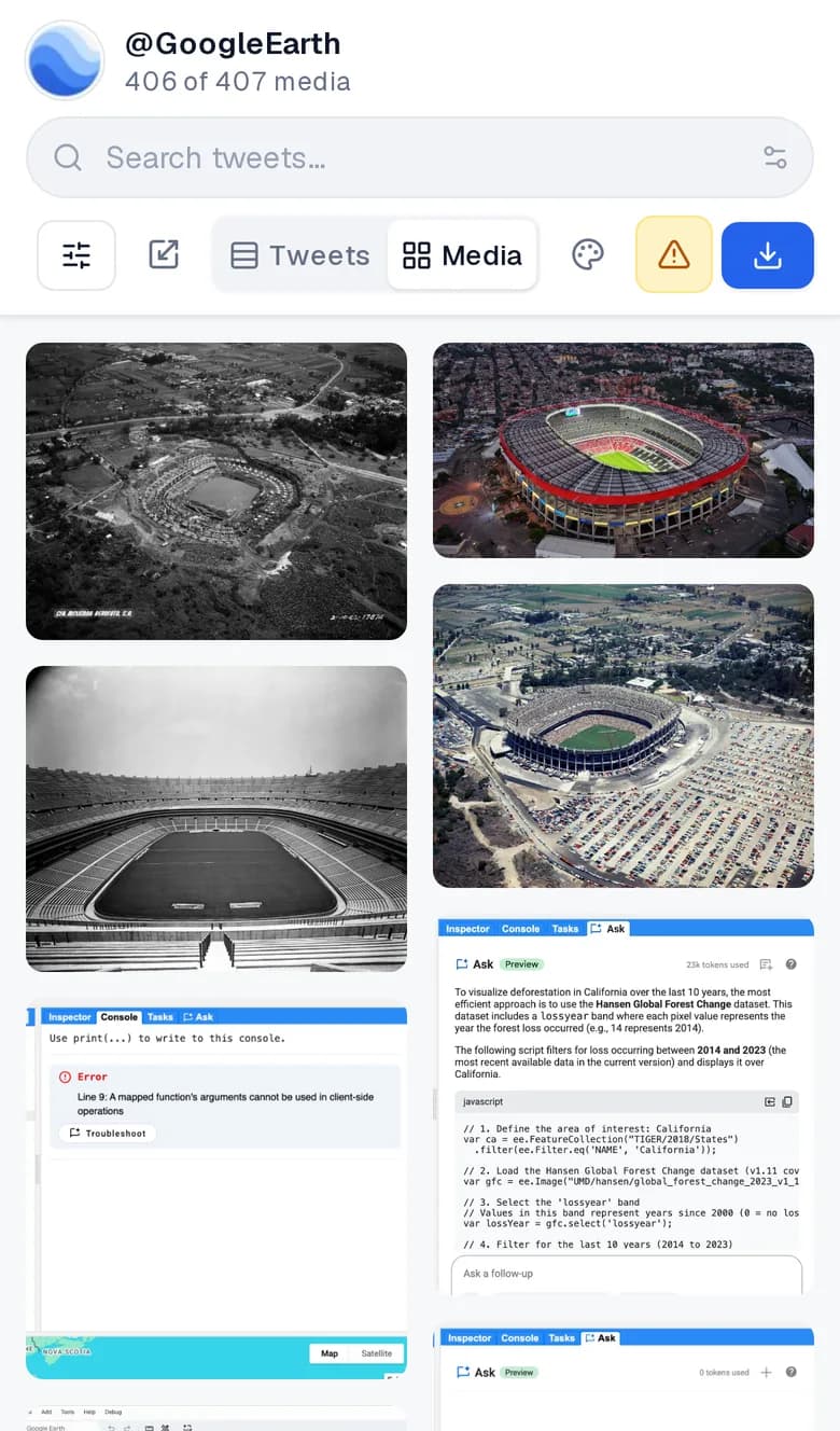 Vista de galería de tweets, fotos y videos recuperados para @GoogleEarth