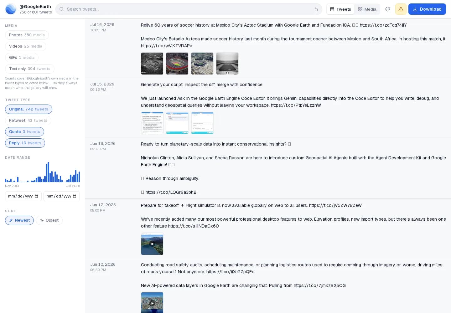 Tweets recuperados de @GoogleEarth listados com contexto completo, fotos e vídeos