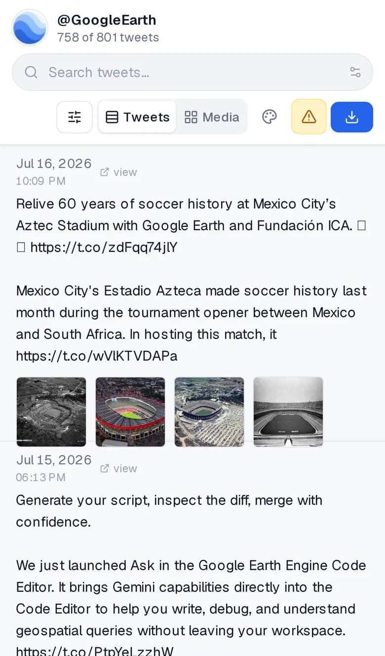 Tweets recuperados de @GoogleEarth listados com contexto completo, fotos e vídeos
